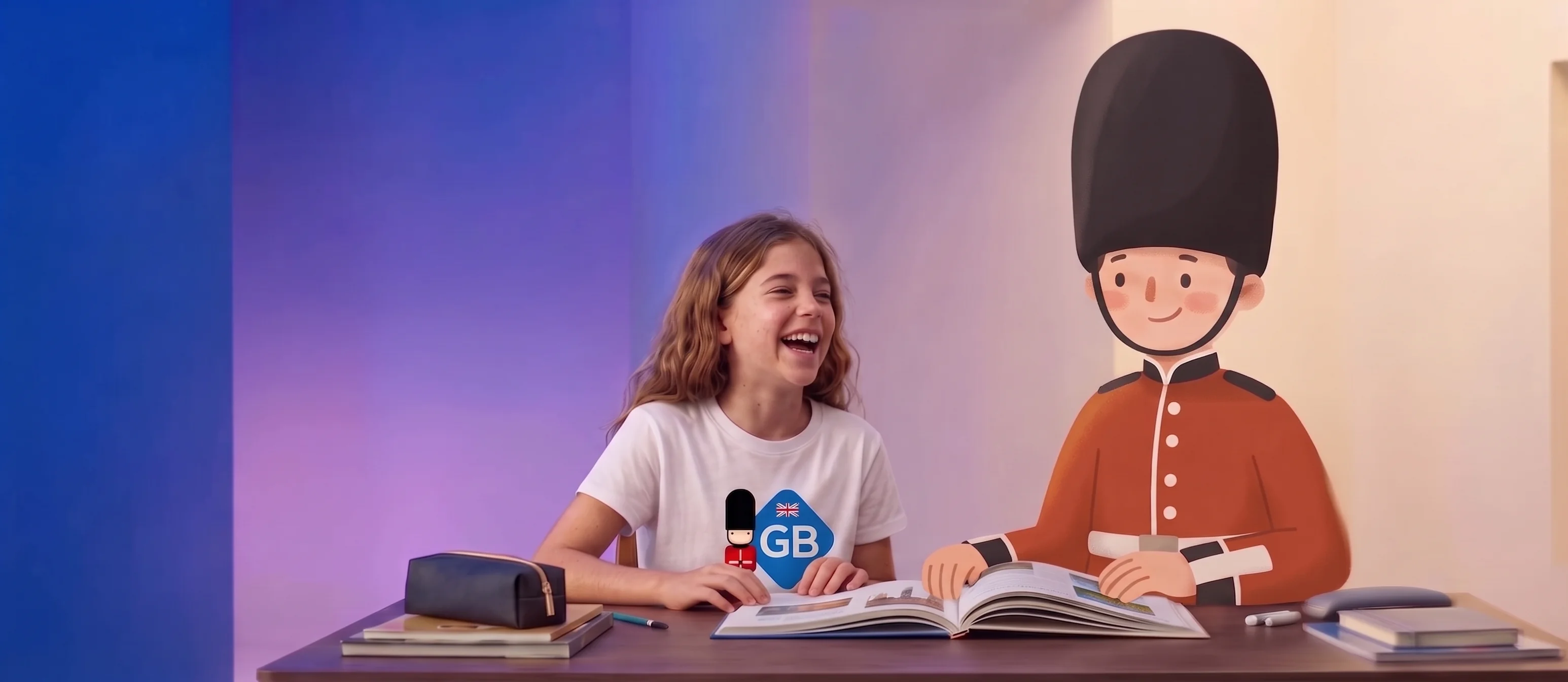 Alumna riendo junto a la mascota de GB School of English mientras estudian con un libro